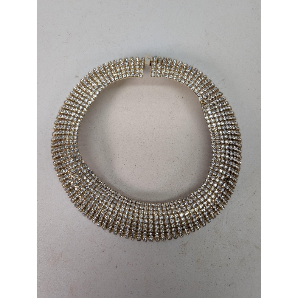 Rhinestone Crystal Choker Necklace Gold Tone Statement Collar Box Clasp 18in